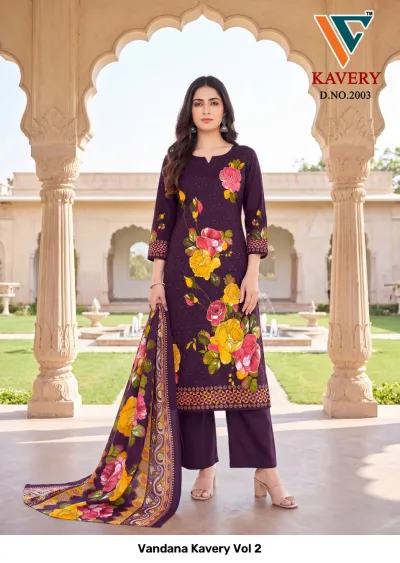 Vandana Kavery Vol 2 dark purple cotton salwar suit with floral print, aari hand work, and matching dupatta.