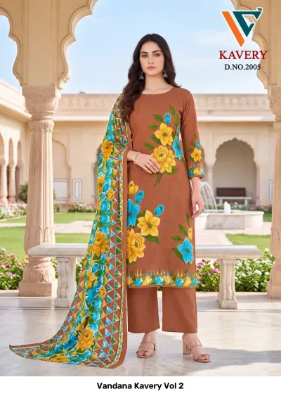 Vandana Kavery Vol 2 brown cotton salwar suit with floral print, aari hand work, and patterned dupatta.