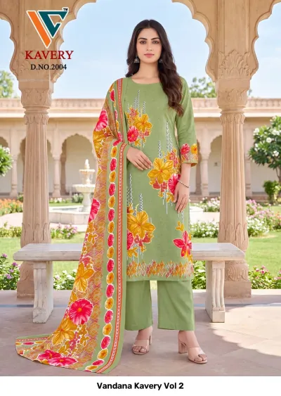 Vandana Kavery Vol 2 light green cotton salwar suit with floral print, aari hand work, and patterned dupatta.