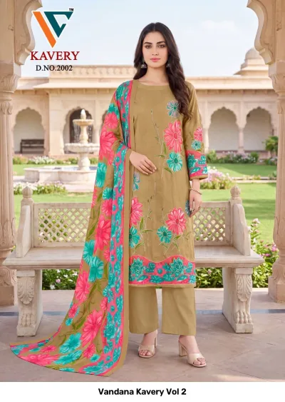 Vandana Kavery Vol 2 tan brown cotton salwar suit with floral print, aari hand work, and patterned dupatta.