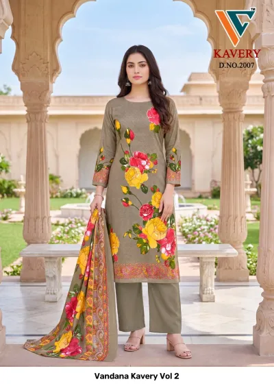 Vandana Kavery Vol 2 grey cotton salwar suit with floral print, aari hand work, and patterned dupatta.
