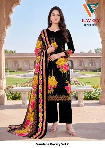 Vandana Kavery Vol 2 black cotton salwar suit with floral print, aari hand work, and patterned dupatta.