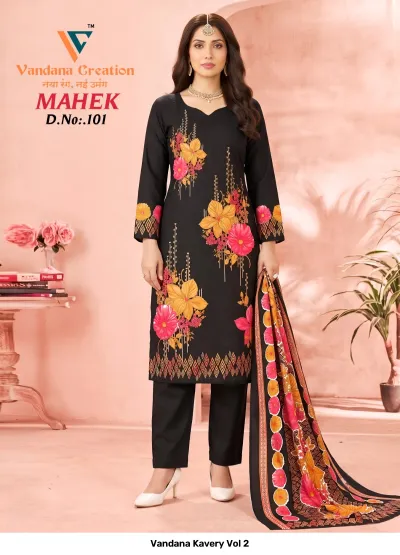Vandana Kavery Vol 2 black cotton kurti with floral print, aari hand work, and patterned dupatta.
