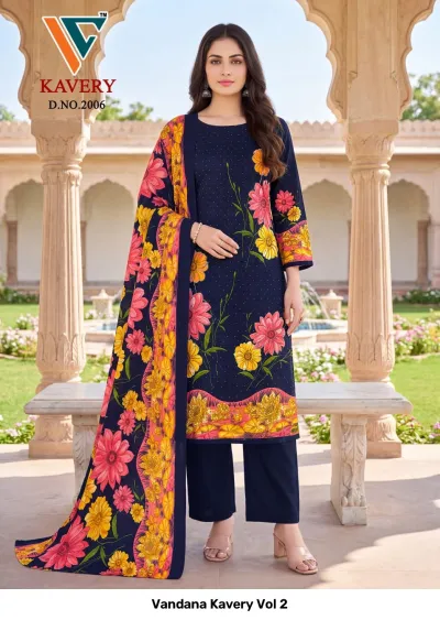 Vandana Kavery Vol 2 navy blue cotton salwar suit with floral print, aari hand work, and patterned dupatta.