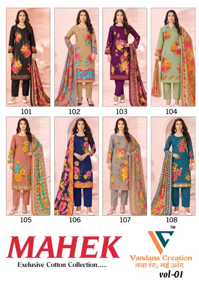 Vandana Mahek Vol 1 catalog collage showing eight different models wearing floral print cotton salwar suits in various colors.