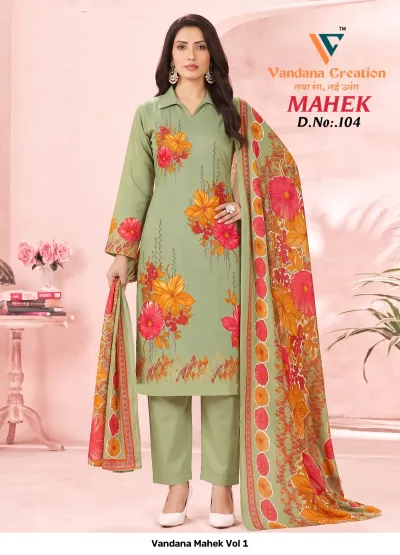 Vandana Mahek Vol 1 sage green cotton salwar suit with a collared neckline, floral print, and a matching patterned dupatta.
