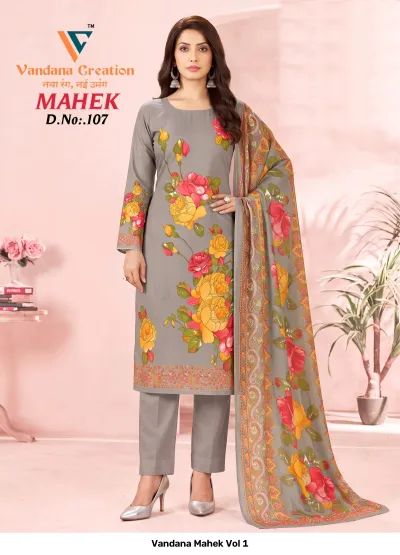 Vandana Mahek Vol 1 grey cotton salwar suit with pink and yellow floral print and a coordinated patterned dupatta.