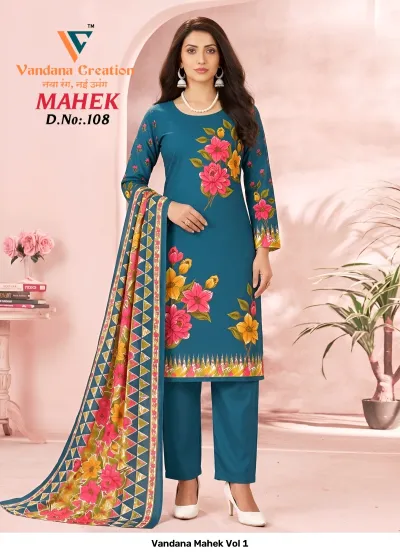 Vandana Mahek Vol 1 teal cotton salwar suit featuring pink and yellow floral motifs and a geometrically patterned dupatta.
