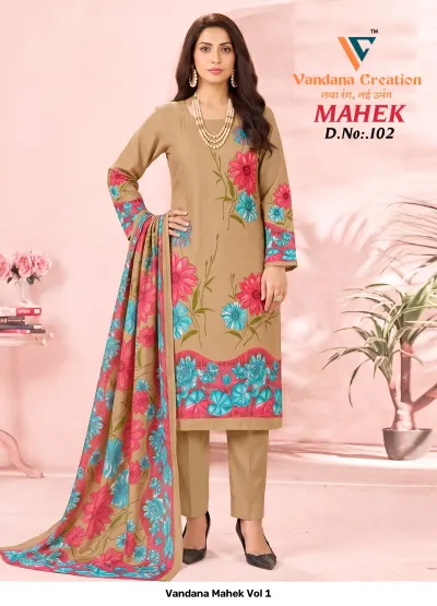 Vandana Mahek Vol 1 beige cotton salwar suit with pink and blue floral print and a matching floral dupatta.