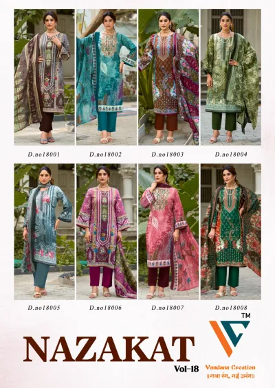 Vandana Nazakat Vol 18: Olive green printed salwar suit featuring detailed floral prints, matching dupatta, and decorative thread work on the chest.