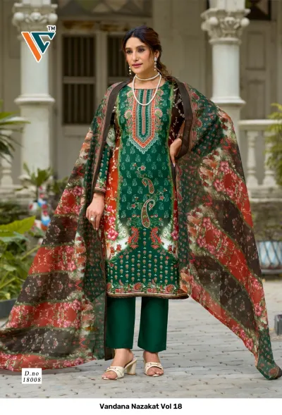 Vandana Nazakat Vol 18: Green and rust-colored printed salwar suit with floral and paisley motifs, matching dupatta, and neckline embroidery.