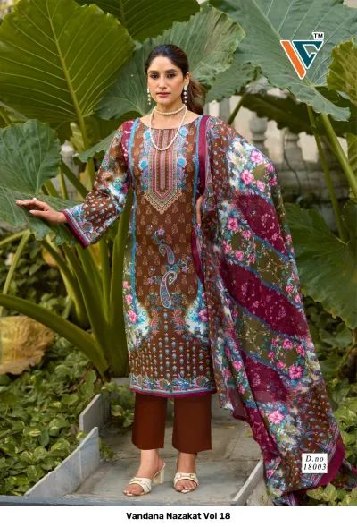 Vandana Nazakat Vol 18: Brown and maroon printed salwar suit featuring floral designs, paisley patterns, and minimal thread work on the kurti.