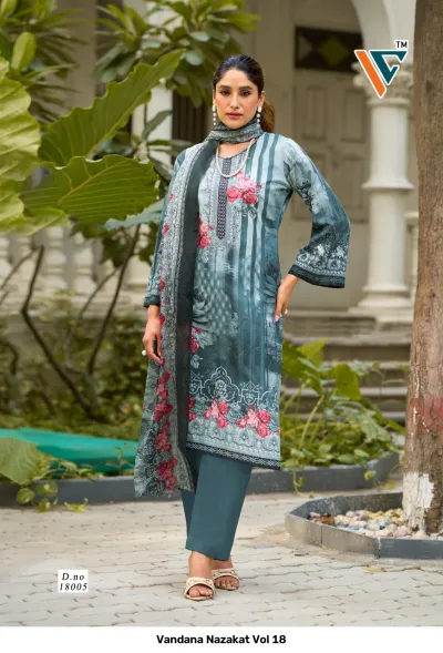 Vandana Nazakat Vol 18: Teal blue printed salwar suit with floral patterns on the kurti and matching dupatta, plain pants, and thread-worked neckline.
