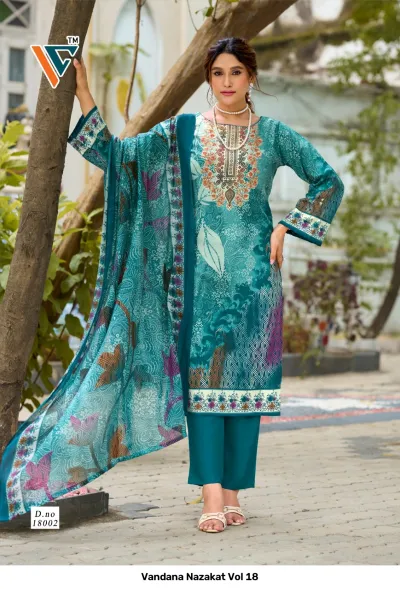 Vandana Nazakat Vol 18: Teal green printed salwar suit featuring intricate geometric and floral patterns, matching dupatta, and embroidered neckline detail.