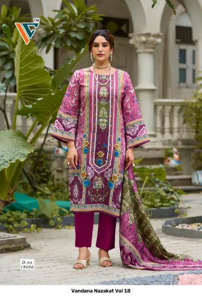 Vandana Nazakat Vol 18: Purple and magenta printed salwar suit with floral accents, matching dupatta, and light thread work on the kurti.