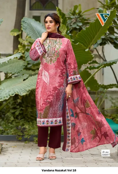 Vandana Nazakat Vol 18: Pink and maroon printed salwar suit with elaborate floral and geometric prints, coordinating dupatta, and neckline embellishments.
