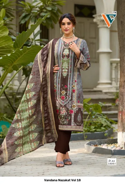 Vandana Nazakat Vol 18: Catalog cover displaying a collection of eight printed salwar suits in various colors with floral and geometric patterns.