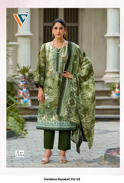 Vandana Nazakat Vol 18: Olive green printed salwar suit with all-over floral motifs, matching dupatta, and subtle thread work along the neckline.