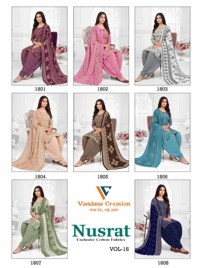 Vandana Nusrat Vol 18, catalog collage showing eight different printed cotton salwar suit designs with dupattas.