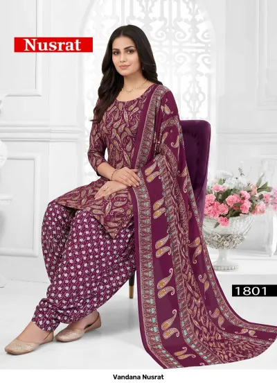 Vandana Nusrat 1801, purple cotton salwar suit with paisley and floral prints and a matching dupatta.