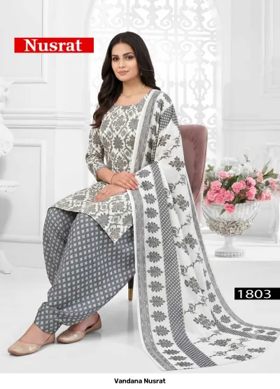 Vandana Nusrat 1803, white and grey cotton salwar suit with geometric printed kurti and salwar with dupatta.