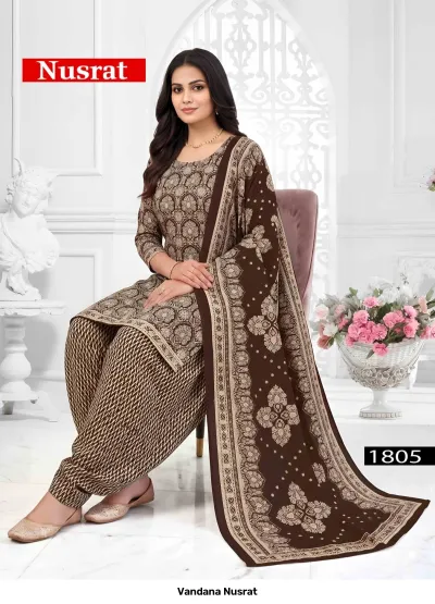 Vandana Nusrat 1805, brown cotton salwar suit with intricate floral printed kurti and matching patterned dupatta.