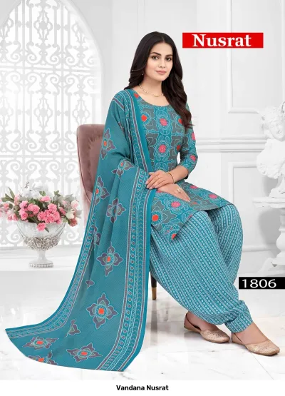 Vandana Nusrat 1806, teal cotton salwar suit with bandhani-inspired printed pattern and matching dupatta.