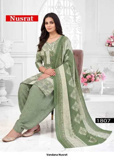 Vandana Nusrat 1807, light green cotton salwar suit with chevron and paisley printed patterns and dupatta.