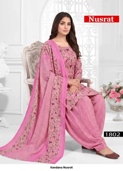 Vandana Nusrat 1802, pink cotton salwar suit with paisley and floral prints and a matching dupatta.