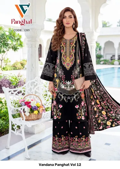 Vandana Panghat Vol 12: A black printed salwar suit with floral patterns on the wide-leg pants and dupatta, featuring detailed thread work on the chest.