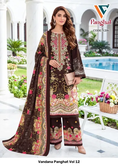 Vandana Panghat Vol 12: A chocolate brown printed salwar suit with floral patterns on the pants and dupatta, featuring detailed thread work on the bodice.