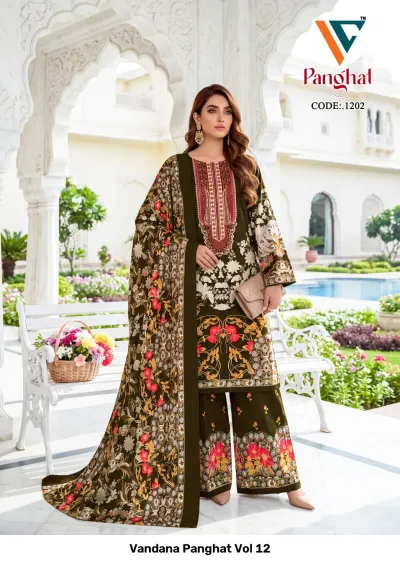 Vandana Panghat Vol 12: An olive green printed salwar suit featuring floral prints on the wide-leg pants and dupatta, with thread work neck detailing.