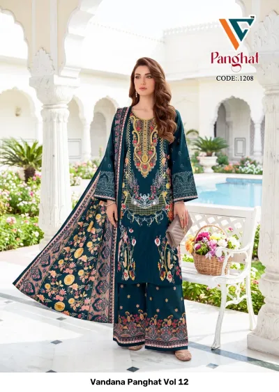 Vandana Panghat Vol 12: A teal printed salwar suit featuring intricate thread work on the chest and floral patterns on the pants and dupatta.