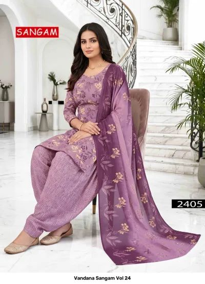 Vandana Sangam Vol 24: Light purple cotton salwar suit with floral print, striped salwar, and floral dupatta.