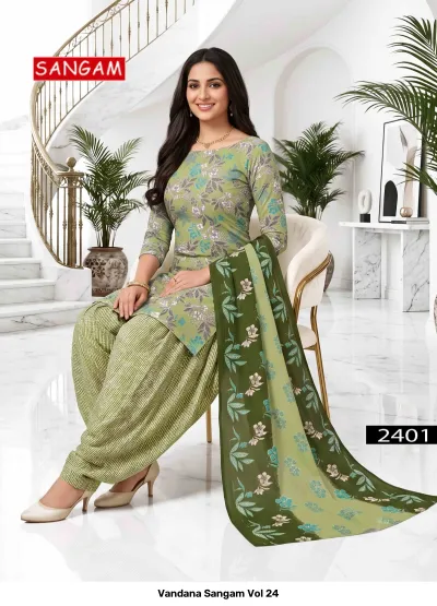 Vandana Sangam Vol 24: Light green cotton salwar suit with floral print, striped salwar, and floral green dupatta.