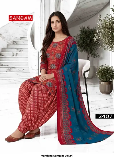 Vandana Sangam Vol 24: Red cotton salwar suit with geometric print, patterned salwar, and blue and red printed dupatta.