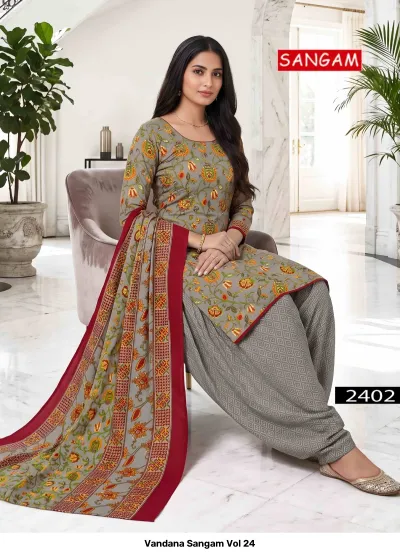 Vandana Sangam Vol 24: Grey cotton salwar suit with floral print, geometric-patterned salwar, and floral border dupatta.