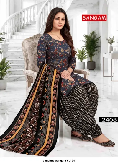 Vandana Sangam Vol 24: Navy blue cotton salwar suit with floral print, vertically striped salwar, and border-print dupatta.