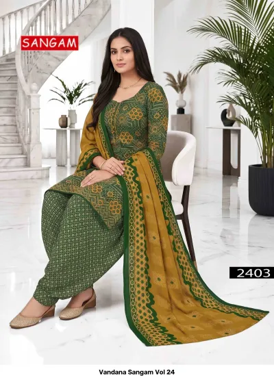 Vandana Sangam Vol 24: Green cotton salwar suit with geometric print, matching green salwar, and mustard-yellow dupatta.