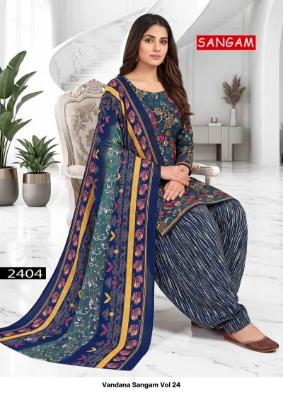 Vandana Sangam Vol 24: Navy blue cotton salwar suit with floral print, striped salwar, and multi-colored printed dupatta.