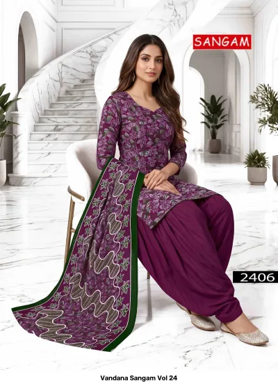 Vandana Sangam Vol 24: Purple cotton salwar suit with floral print, solid-color purple salwar, and patterned dupatta.