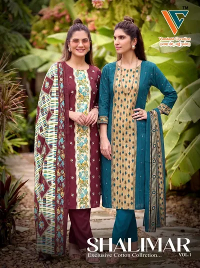 Vandana Shalimar Vol 1, catalog cover showing various styles of printed cotton salwar suits with matching dupattas and pants.