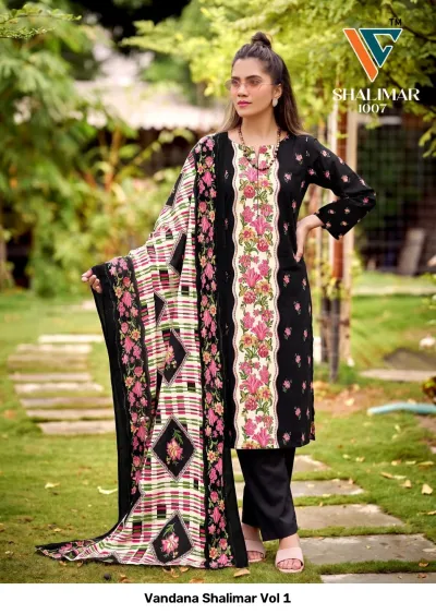 Vandana Shalimar Vol 1, black salwar suit with vertical floral print panel, printed dupatta, and plain pants.