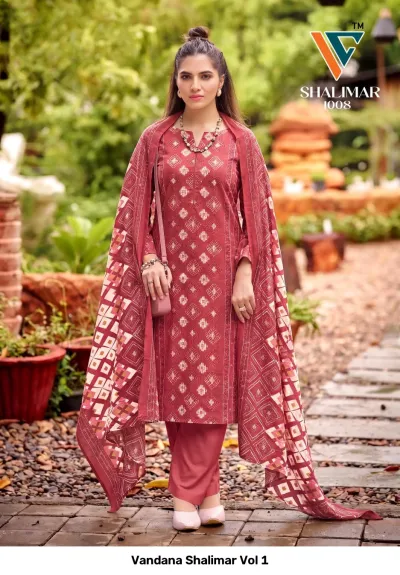 Vandana Shalimar Vol 1, dark red salwar suit featuring a geometric patterned print, matching dupatta, and solid pants.