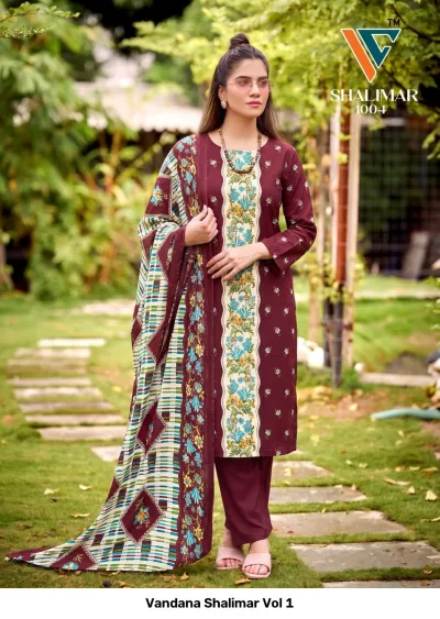 Vandana Shalimar Vol 1, dark red salwar suit with a central vertical floral print panel, matching printed dupatta, and pants.