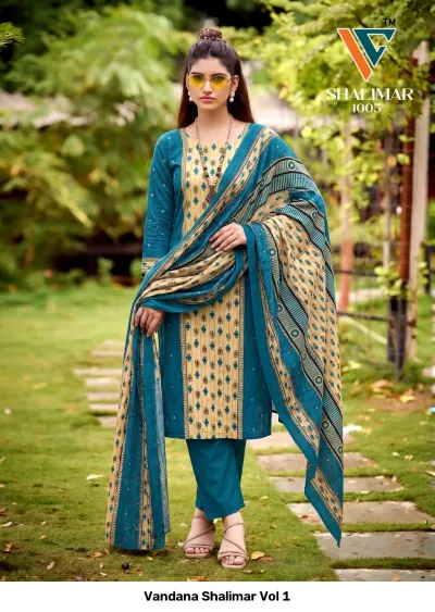 Vandana Shalimar Vol 1, teal blue salwar suit with central geometric print, matching geometric dupatta, and solid teal pants.