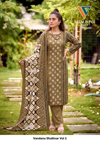 Vandana Shalimar Vol 1, olive brown salwar suit with geometric print, matching patterned dupatta, and solid olive pants.
