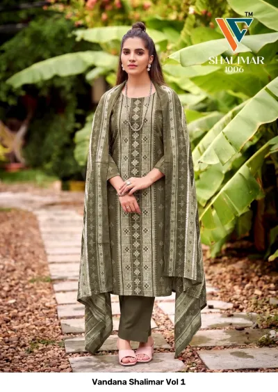 Vandana Shalimar Vol 1, olive green salwar suit featuring vertical geometric print panels, matching printed dupatta, and solid pants.