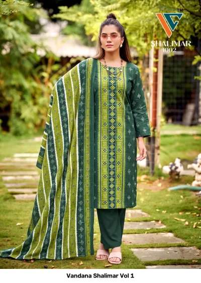 Vandana Shalimar Vol 1, dark green salwar suit with a vertical geometric print, matching printed dupatta, and solid green pants.