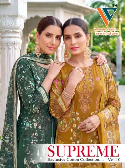 Vandana Supreme Vol 10: Catalog cover featuring two women wearing printed cotton salwar suits in dark green and mustard yellow with embroidery.